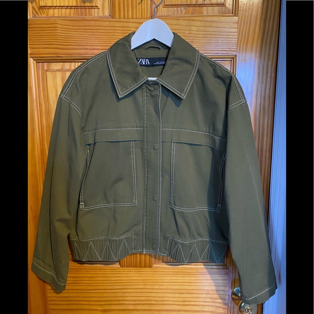 Zara Olive Utility Crop Jacket with Contrast Stitching
